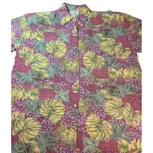 VTG 80s Tropical Print Blouse L Button Up Romantic Cottagecore Retro Academia